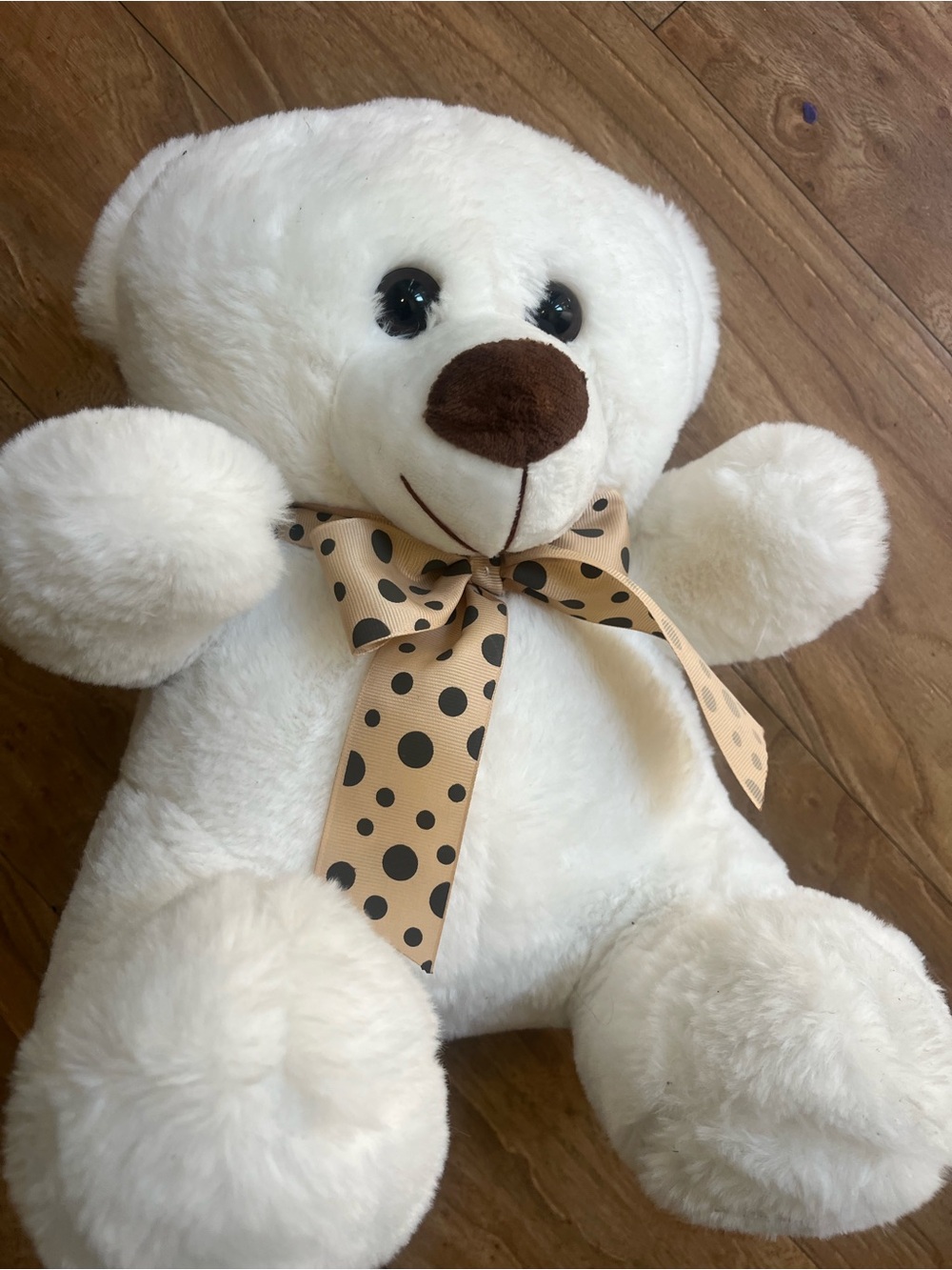 Plush White Teddy Bear with Polka Dot Bow